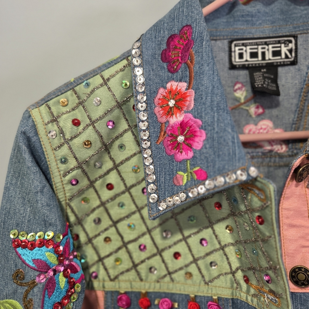Funky Jean Jacket Berek Takako Sakon Medium Embroidered Butterfly Flowers - Picture 4 of 10